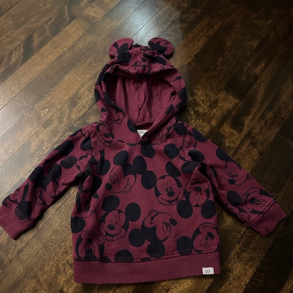 Gap x Disney Mickey Mouse hoodie with ears 12-18M burgundy - Picture 1 of 3